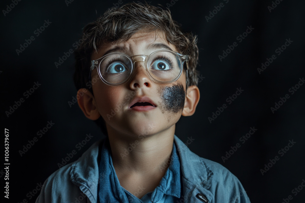 Brazilian boy scientist with soot on his face, standing in front of a black backdrop, his expression one of amazement and curiosity. Brazilian boy scientist with soot on his face, standing in front of a black backdrop, his expression one of amazement and curiosity.