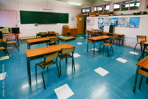 ORLEANS, FRANCE: old classroom, decoration from the 80s, with floor made of vinyl