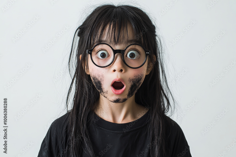 A Japanese girl with wide eyes and soot on her cheeks, wearing lab glasses, standing in front of a white studio background, caught in a moment of surprise. A Japanese girl with wide eyes and soot on her cheeks, wearing lab glasses, standing in front of a white studio background, caught in a moment of surprise.