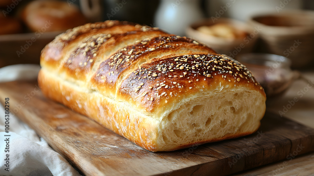 Closeup view of a freshly baked golden loaf of artisan bread with a crispy crust on a rustic wooden cutting board. The bread has a delicious. Closeup view of a freshly baked golden loaf of artisan bread with a crispy crust on a rustic wooden cutting board. The bread has a delicious.