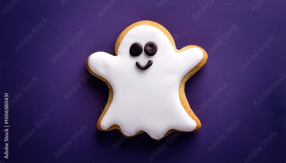 Adorable Smiling Ghost Shaped Halloween Sugar Cookie with White Frosting on a Vibrant Purple Background. Festive, Fun, and Kid Friendly Treat for Spooky Celebrations and Seasonal Bakery Advertising Adorable Smiling Ghost Shaped Halloween Sugar Cookie with White Frosting on a Vibrant Purple Background. Festive, Fun, and Kid Friendly Treat for Spooky Celebrations and Seasonal Bakery Advertising