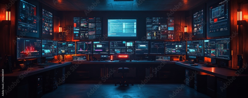 High-tech control room with multiple screens displaying data. High-tech control room with multiple screens displaying data.