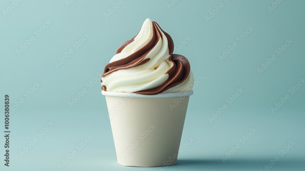 A delicious swirl of vanilla and chocolate soft serve ice cream in a plain cup against a soft blue background. A delicious swirl of vanilla and chocolate soft serve ice cream in a plain cup against a soft blue background.