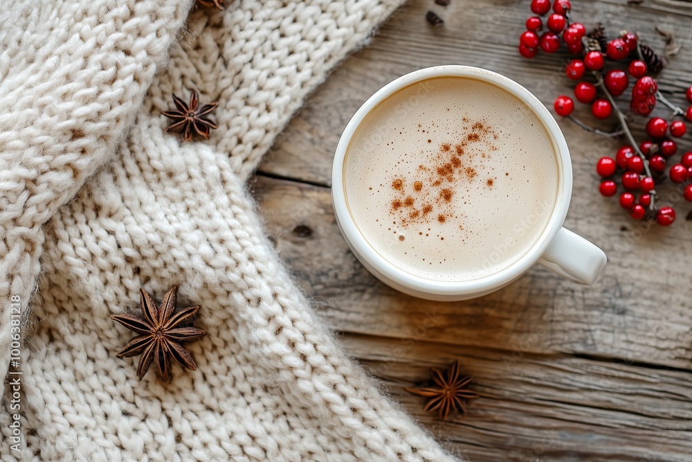 A Warm and Cozy Flat-Lay of Frothy Coffee with Holiday Spices and a Knit Blanket A Warm and Cozy Flat-Lay of Frothy Coffee with Holiday Spices and a Knit Blanket
