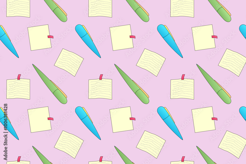 Back-to-school themed seamless vector pattern with pens, notes, and papers. Perfect for school, education, and stationery designs. Back-to-school themed seamless vector pattern with pens, notes, and papers. Perfect for school, education, and stationery designs.