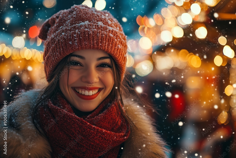 Joyful Close-up of a Smiling Woman in a Festive Winter Market with Snow and Glowing Holiday Lights Joyful Close-up of a Smiling Woman in a Festive Winter Market with Snow and Glowing Holiday Lights