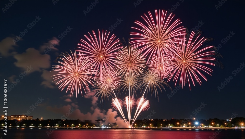Vibrant New Year backdrop showcasing glittering fireworks and shimmering lights Vibrant New Year backdrop showcasing glittering fireworks and shimmering lights