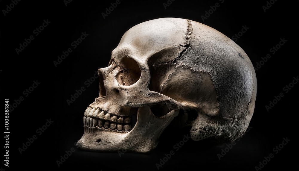 Cracked Human Skull in Dramatic Lighting. Symbolic Representation of Mortality and Fragility on a Dark Background. Theme Design Halloween Cracked Human Skull in Dramatic Lighting. Symbolic Representation of Mortality and Fragility on a Dark Background. Theme Design Halloween