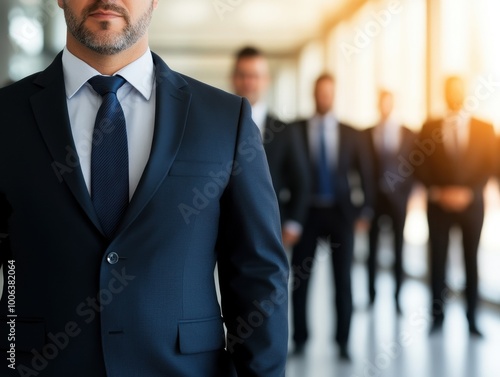 Group of professionals in suits, office setting photo