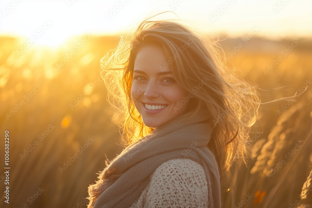 Radiant Portrait of a Smiling Woman in a Golden Field during Sunset Radiant Portrait of a Smiling Woman in a Golden Field during Sunset