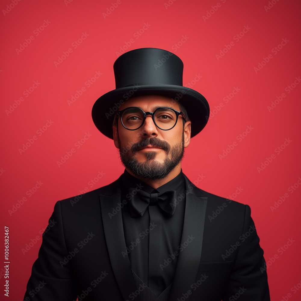 A man in a black suit and top hat is standing in front of a red background. He is wearing glasses and a black bow tie. Concept of elegance and sophistication, as the man is dressed in formal attire A man in a black suit and top hat is standing in front of a red background. He is wearing glasses and a black bow tie. Concept of elegance and sophistication, as the man is dressed in formal attire