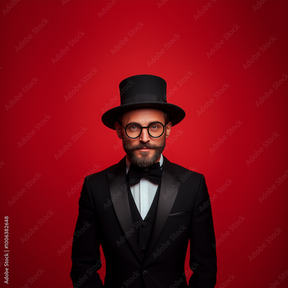 A man in a black suit and top hat is standing in front of a red background. The man is wearing a black tie and glasses. Concept of formality and elegance A man in a black suit and top hat is standing in front of a red background. The man is wearing a black tie and glasses. Concept of formality and elegance