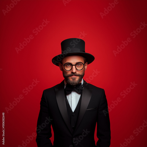 A man in a black suit and top hat is standing in front of a red background. The man is wearing a black tie and glasses. Concept of formality and elegance