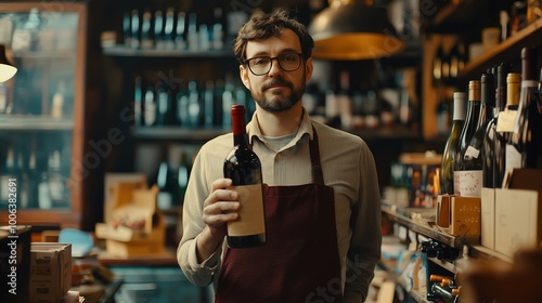 a shop selling vintage wine, the seller a shop selling vintage wine, the seller holds a bottle in his hands Generative AI