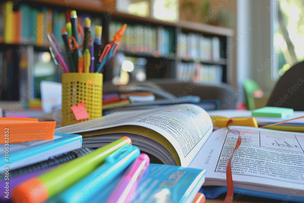 Student reading area with open textbooks and highlighters and a notepad with copy space. Student reading area with open textbooks and highlighters and a notepad with copy space.