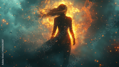 A powerful superheroine standing tall in a battle stance, surrounded by mist and glowing sparks. Her vibrant costume contrasts with the dark, moody atmosphere around her.