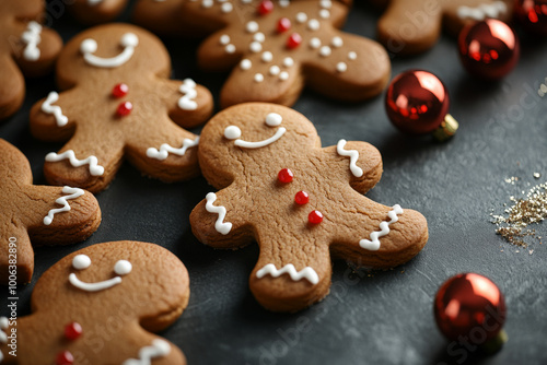 Present a cozy bird's-eye view of beautifully iced gingerbread men cookies, elegantly arranged on a dark surface, with shiny Christmas balls scattered around, enhancing the festive spirit of the scene