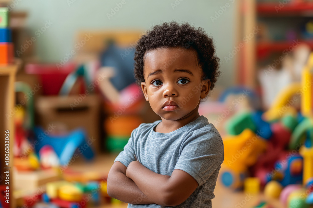 A 3 year old African American child standing quietly in a busy kindergarten, looking confused, surrounded by toys and playmates, but feeling isolated. Bright colors fill the room. A 3 year old African American child standing quietly in a busy kindergarten, looking confused, surrounded by toys and playmates, but feeling isolated. Bright colors fill the room.