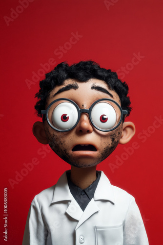 Hispanic boy scientist, soot covering his face, wide-eyed and wearing lab glasses, posed against a bold red background. photo