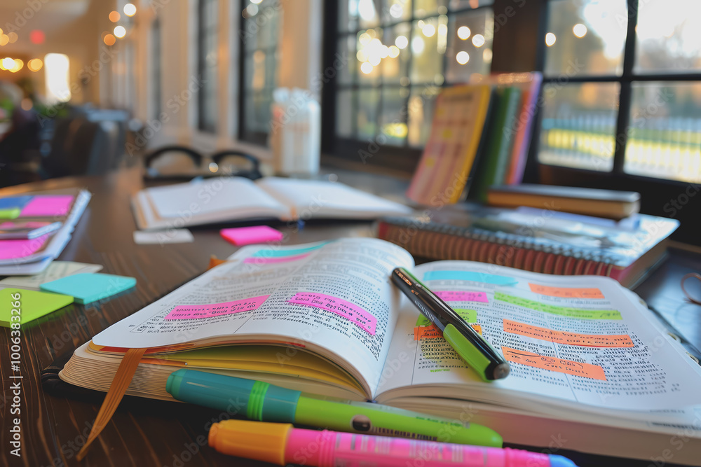 Student reading area with open textbooks and highlighters and a notepad with copy space. Student reading area with open textbooks and highlighters and a notepad with copy space.