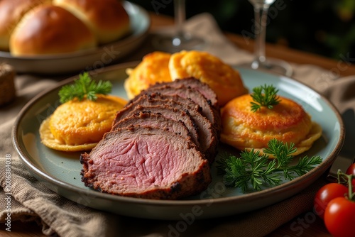 Juicy sliced brisket with golden potato latkes elegantly plated for festive dinner photo