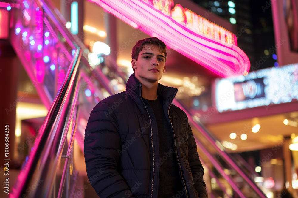 A confident young adult Caucasian man poses at the entrance of a lavish casino, the neon lights of Las Vegas creating a dazzling scene. The clear night sky and vibrant nightlife enhance the modern A confident young adult Caucasian man poses at the entrance of a lavish casino, the neon lights of Las Vegas creating a dazzling scene. The clear night sky and vibrant nightlife enhance the modern