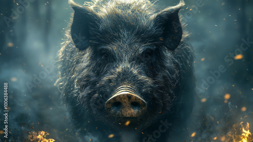 Wallpaper Mural A striking portrait of a wild boar emerging from the mist in a dense forest, with noise reduction and soft cinematic details, highlighting the creature’s powerful presence. Torontodigital.ca