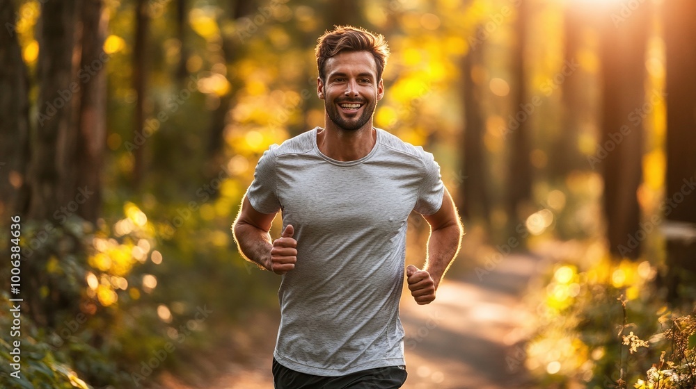 fit man on a morning run through a scenic forest path, enjoying a healthy and active lifestyle, combining outdoor fitness, cardio, and wellness in a beautiful natural setting fit man on a morning run through a scenic forest path, enjoying a healthy and active lifestyle, combining outdoor fitness, cardio, and wellness in a beautiful natural setting