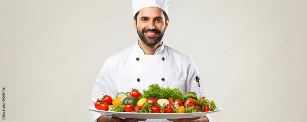 A cheerful chef proudly presents a colorful vegetable platter A cheerful chef proudly presents a colorful vegetable platter