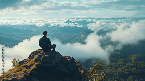 A man enjoying a peaceful moment on a mountaintop, taking in the vast view of the landscape and the clouds below