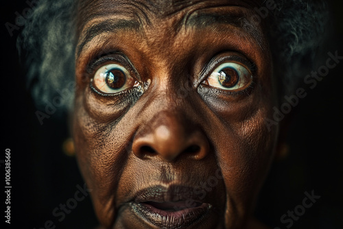 A Black grandmother with wide, surprised eyes, her face glowing with joy and wonder, each wrinkle adding to the character of her warm and expressive close up portrait.