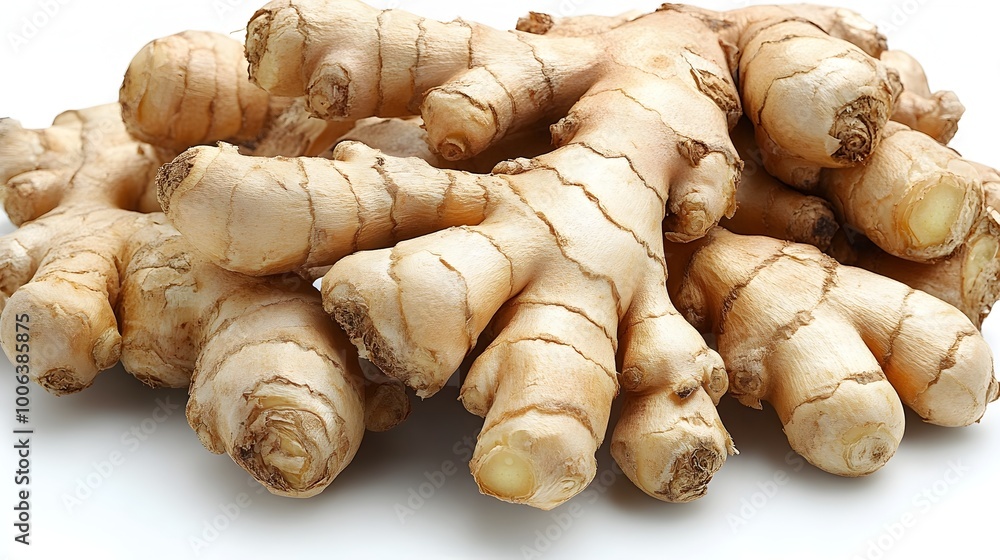 Close-up view of fresh,organic ginger roots in a natural,pure arrangement on a clean white background. Ginger is a versatile,aromatic root vegetable with numerous culinary and medicinal uses. Close-up view of fresh,organic ginger roots in a natural,pure arrangement on a clean white background. Ginger is a versatile,aromatic root vegetable with numerous culinary and medicinal uses.