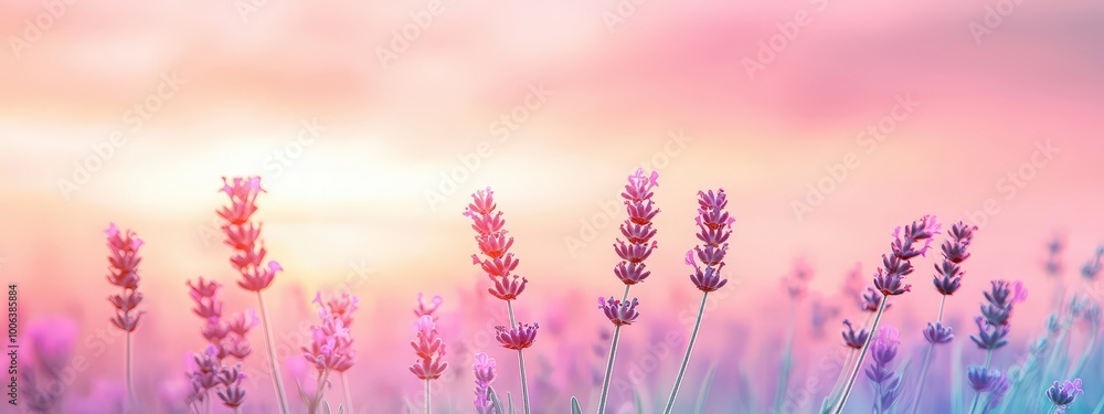 Fototapeta premium A beautiful lavender field bathed in soft sunrise light, creating a tranquil and vibrant atmosphere. Perfect for evoking feelings of peace and nature's beauty.