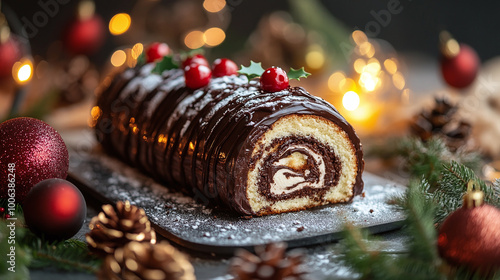 Yule log roll cake with chocolate ganache on Christmas decorated background photo