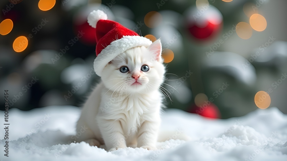 cute white kitten in a Christmas cap sits on the snow against the background of a Christmas tree, cute kitten cute white kitten in a Christmas cap sits on the snow against the background of a Christmas tree, cute kitten