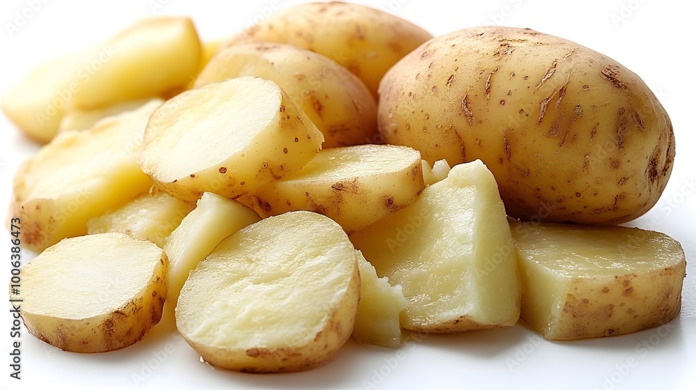 Close-up view of fresh organic potatoes sliced and arranged on a white background. This image showcases the natural texture,shapes. Close-up view of fresh organic potatoes sliced and arranged on a white background. This image showcases the natural texture,shapes.