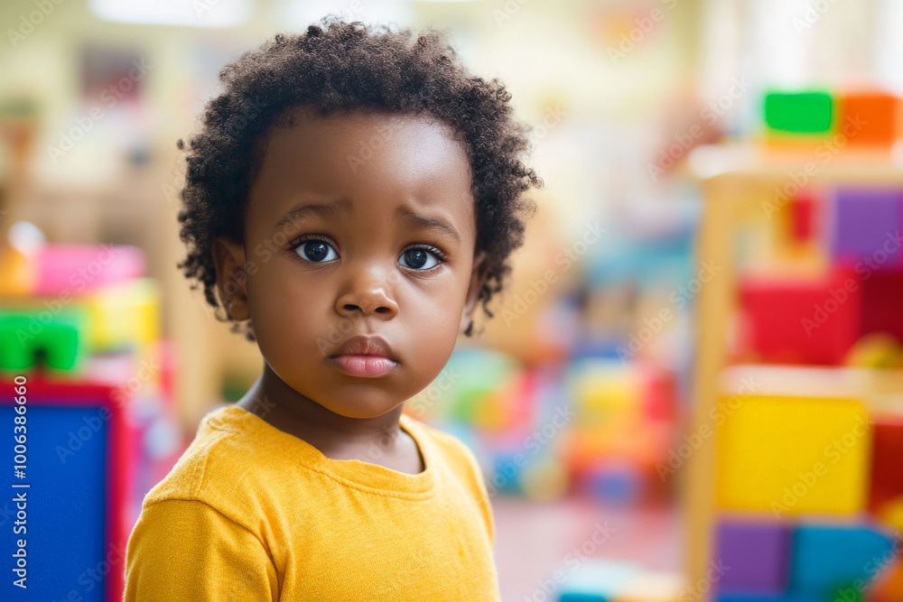 A 3 year old African American child standing quietly in a busy kindergarten, looking confused, surrounded by toys and playmates, but feeling isolated. Bright colors fill the room. A 3 year old African American child standing quietly in a busy kindergarten, looking confused, surrounded by toys and playmates, but feeling isolated. Bright colors fill the room.