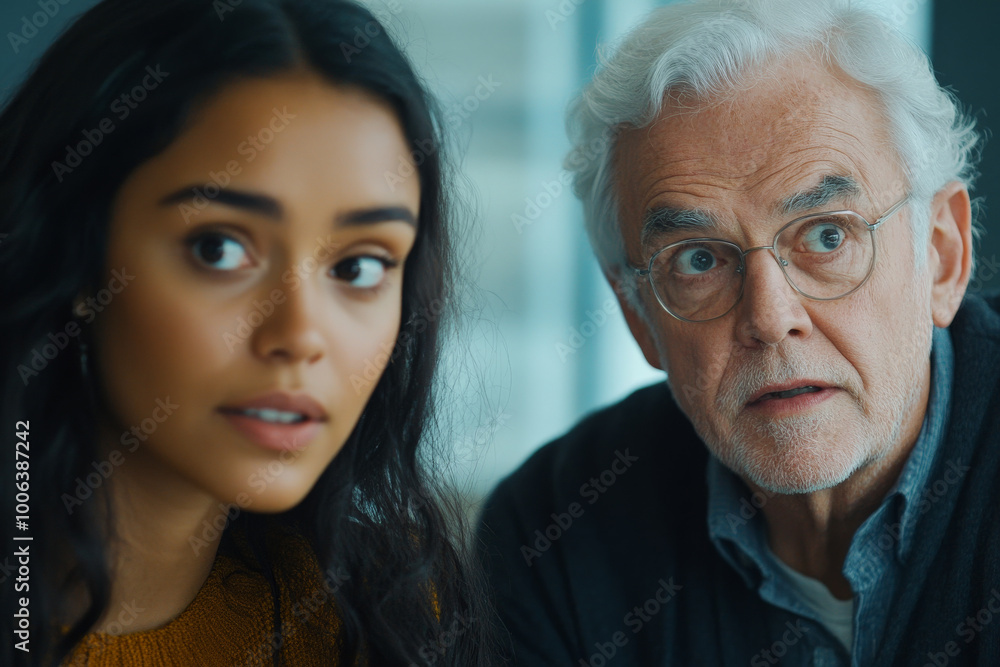 In a close-up shot, a young adult Brazilian woman interviews an older Caucasian man, both displaying expressions of interest and curiosity. The background hints at a modern office setting, creating In a close-up shot, a young adult Brazilian woman interviews an older Caucasian man, both displaying expressions of interest and curiosity. The background hints at a modern office setting, creating