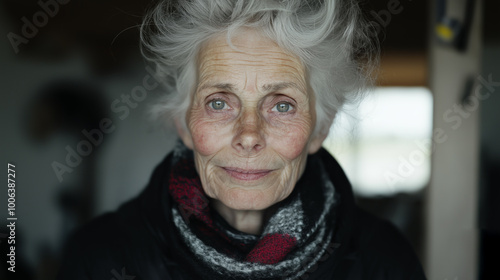 A striking portrait of an elderly woman with wind-swept gray hair, conveying strength, character, and a serene expression, evoking resilience and wisdom.