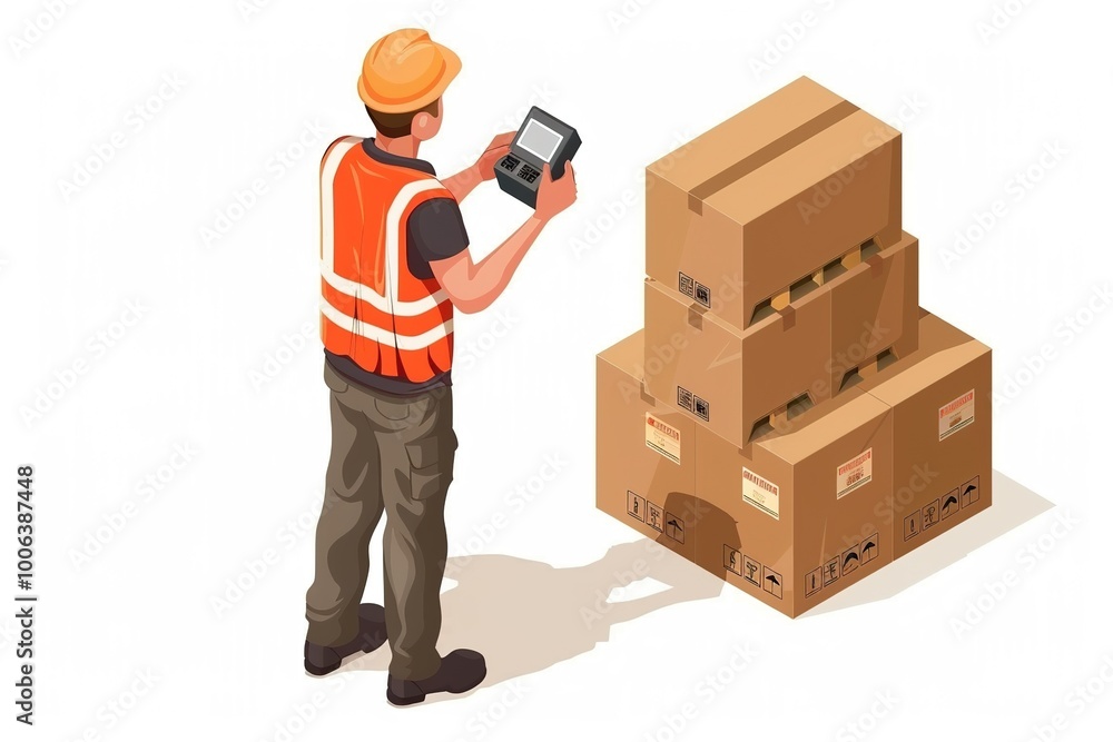 Warehouse Employee Using Handheld Scanner Efficiently, isometric Warehouse Employee Using Handheld Scanner Efficiently, isometric