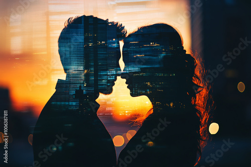 A double exposure of a couple standing close, their silhouettes filled with the reflections of glass skyscrapers at sunset, merging the intimacy of human connection with the cold elegance of the photo