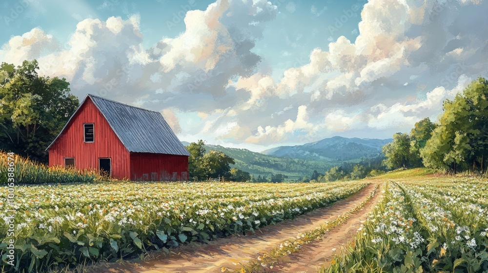 Serene Rustic Farm Scene with Fields and Red Barn Serene Rustic Farm Scene with Fields and Red Barn