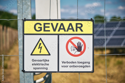 Danger sign 'Gevaar' on a fence surrounding a solar farm photo