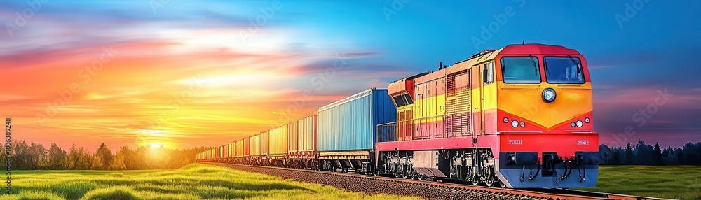 Fototapeta premium Freight train with industrial cargo, rural landscape, Watercolor style