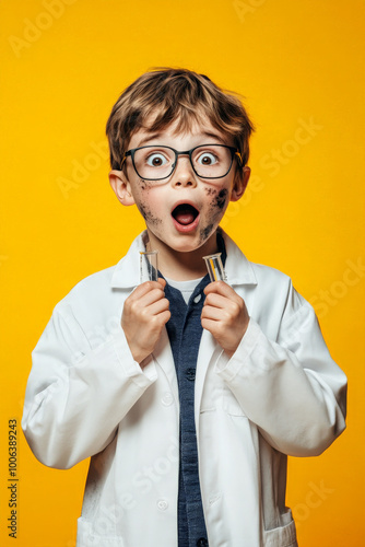 A Caucasian boy scientist with soot on his face, lab glasses slightly askew, standing against a bright yellow studio backdrop, looking amazed by his experiment.