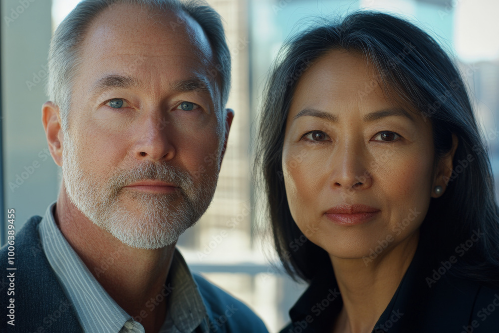 Two middle-aged professionals, a Caucasian man and an Asian woman, are captured in a close-up interview. Their facial expressions convey a serious conversation, with a modern office background subtly