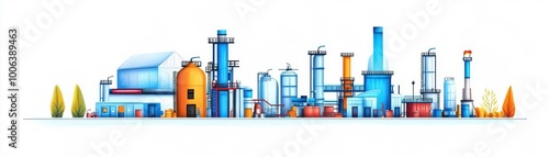 Refinery equipment arrangement, petroleum theme, cartoon drawing, colored pastel