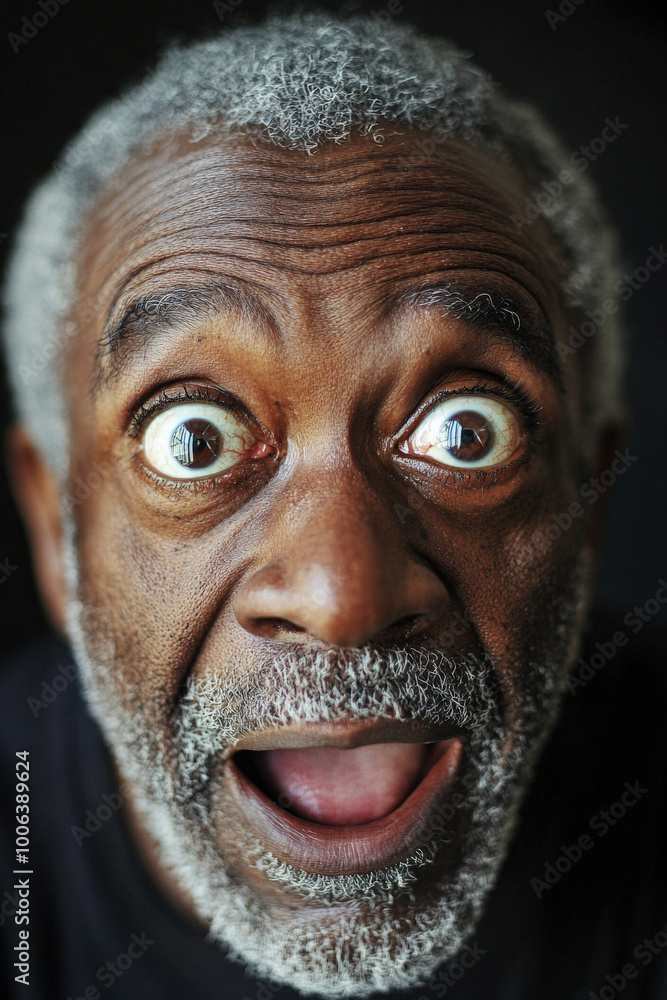 An African American granddad, wide-eyed with surprise, his face expressing both astonishment and happiness, his big eyes shining with curiosity in a close-up portrait. An African American granddad, wide-eyed with surprise, his face expressing both astonishment and happiness, his big eyes shining with curiosity in a close-up portrait.