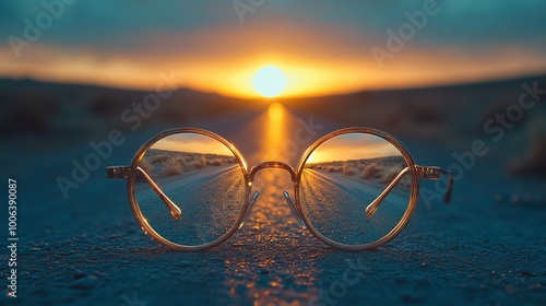 Wallpaper Mural eyeglasses framing a road leading to a source of light with blurred background, representing vision clarity, journey direction, and focus through the lens of perspective and glowing light Torontodigital.ca