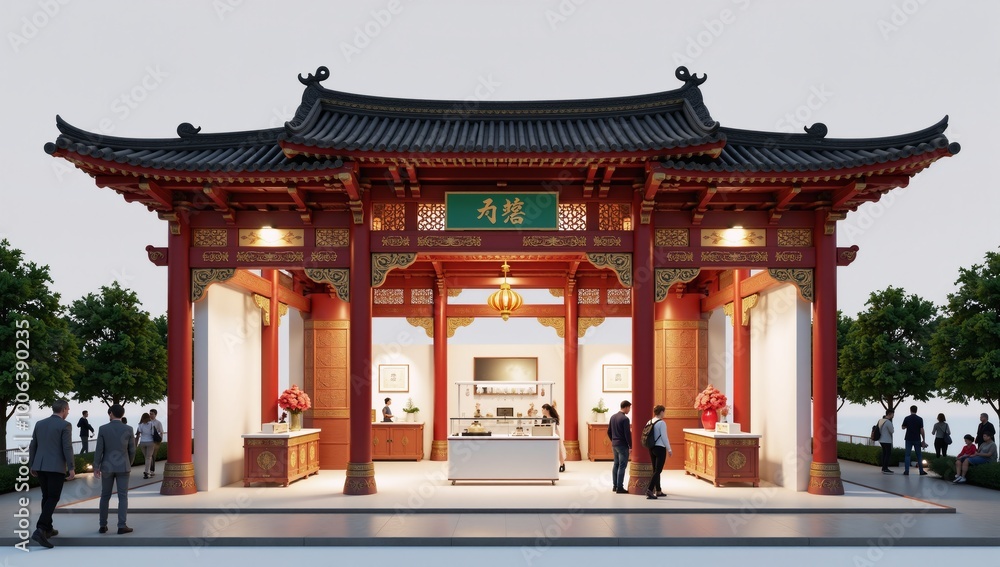 A stunning 3D rendition showcasing a Chinese-style product exhibit hall A stunning 3D rendition showcasing a Chinese-style product exhibit hall